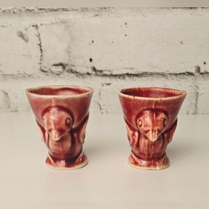 Vintage Bird Egg Cups Red Drip Glaze Ceramic Figural Set of 2
